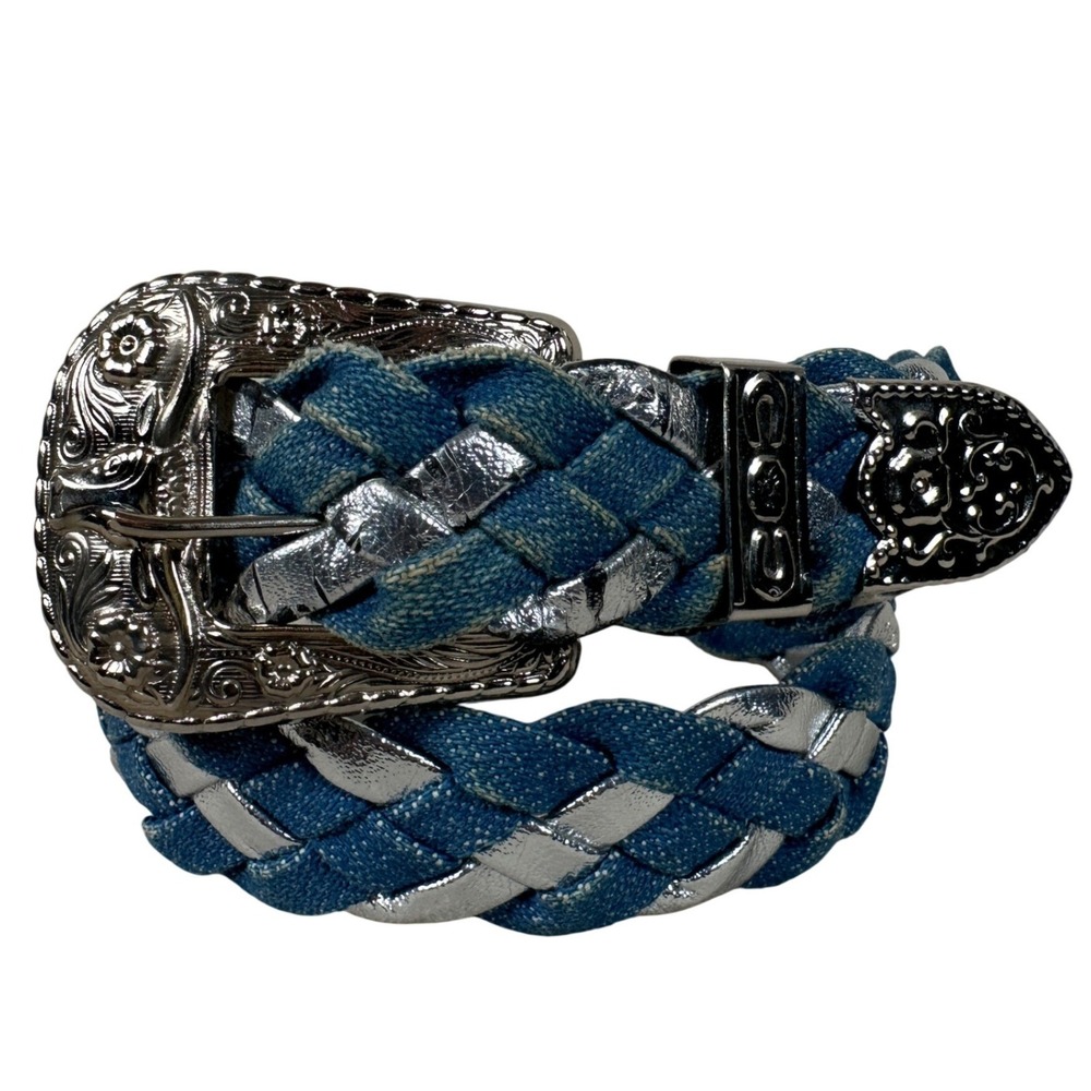 Western Braided Denim Silver Metallic Belt Buckle Blue‎ Coastal boho festival